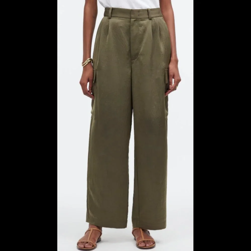 MADEWELL High-Rise Straight Cargo Trousers in Satin Women's Size 10 Olive Green - Picture 2 of 12